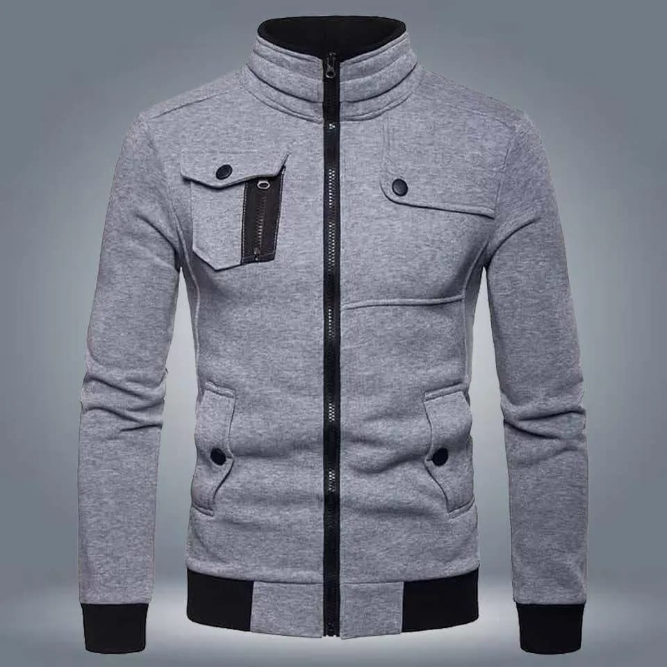 Mens Fleece Bomber Jackets-1 Pc in Grey Collared and Plain Style